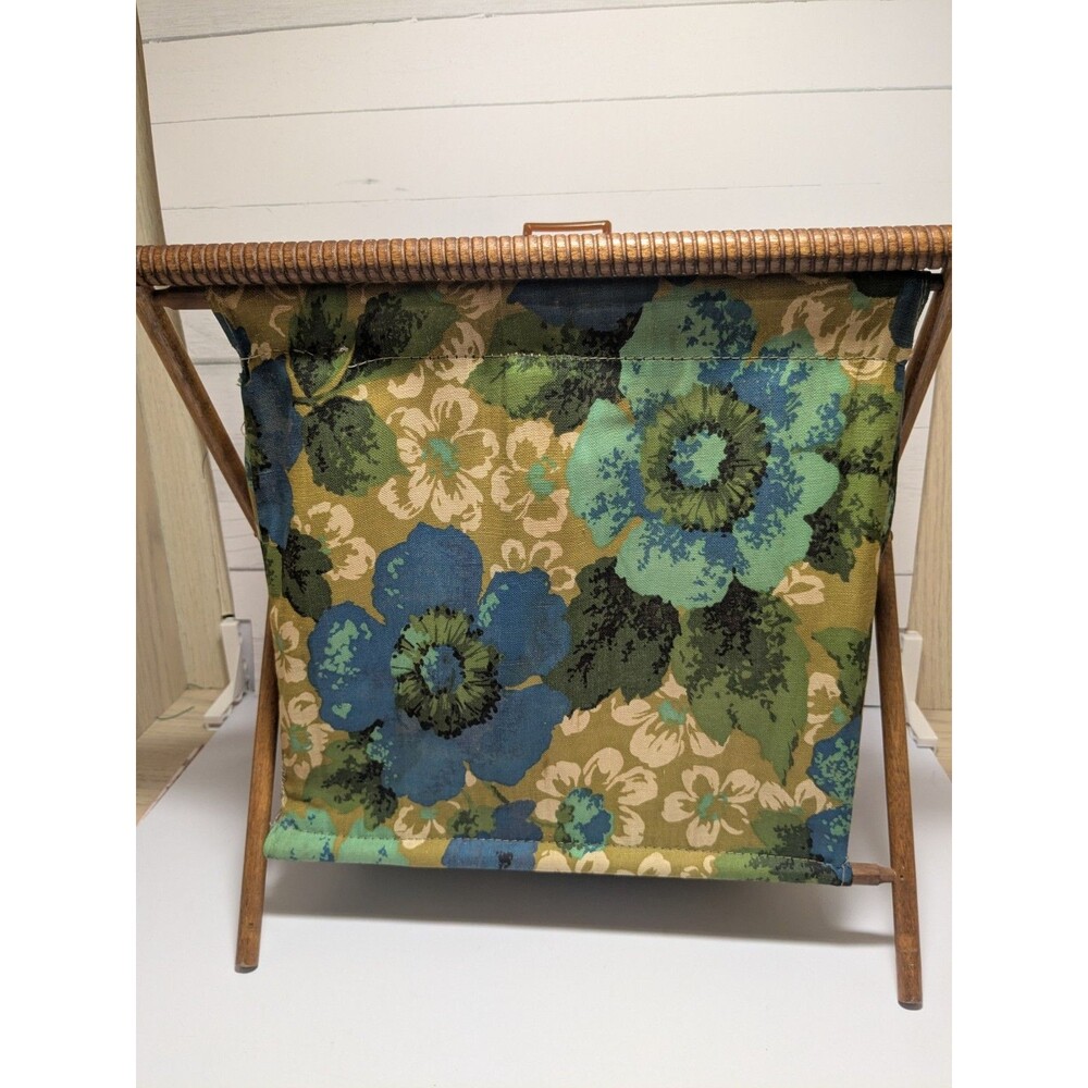 Vintage Folding Wooden Sewing Basket Craft Caddy Floral Fabric Mid Century Boye